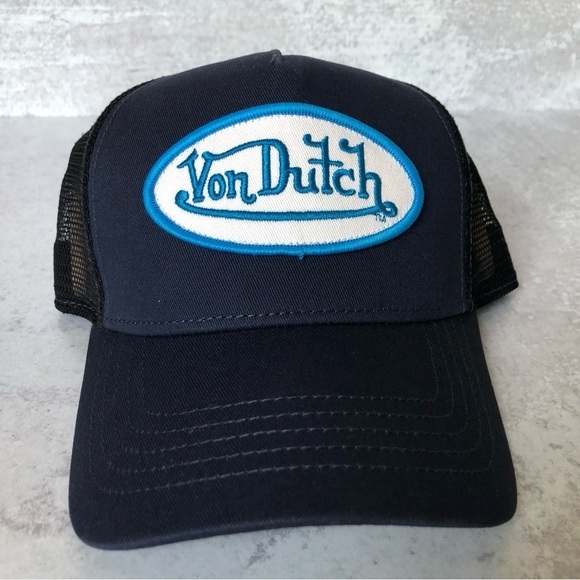 Von Dutch Trucker Hat Navy Blue Black Embroidered Logo Patch Mesh Snapback - Picture 1 of 8